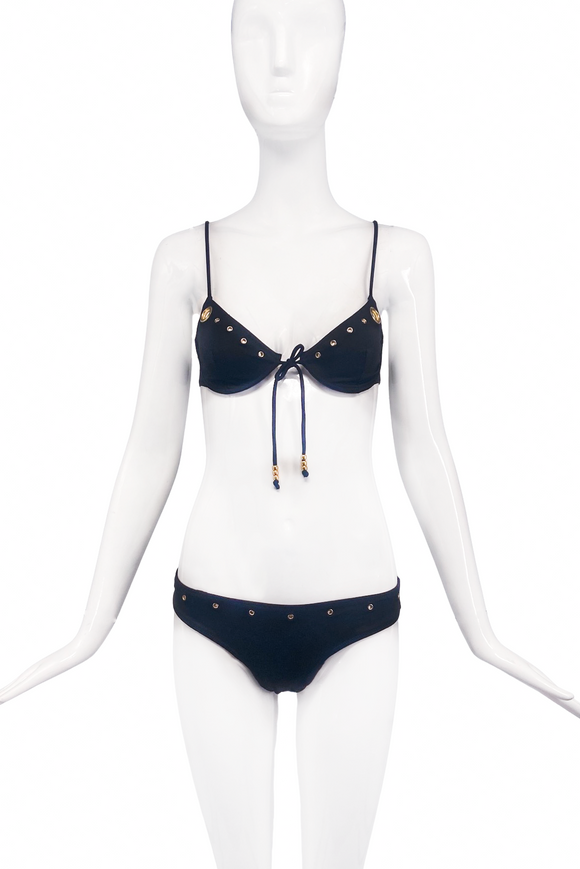 Dolce & Gabbana Black Neoprene Bikini Swim Suit with Gold Grommet Cut-Out Details
