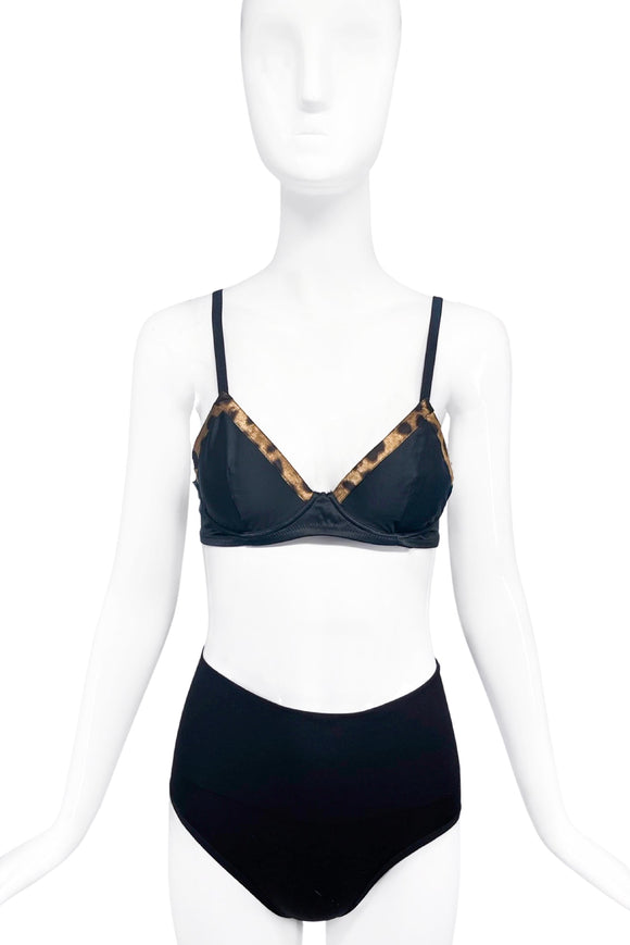 Dolce & Gabbana Black Satin with Leopard Print Trim Detail Bra Top