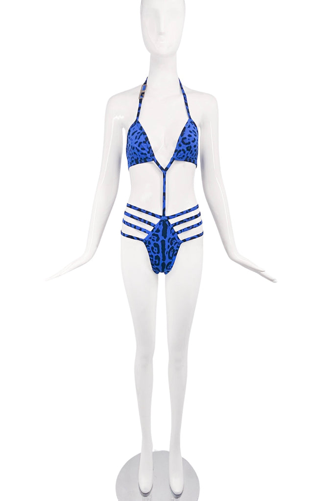 Dolce Gabbana Blue Leopard Cut Out Strappy Body Suit Bikini Swim Suit