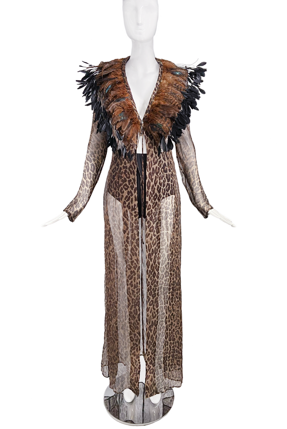 Dolce & Gabbana Leopard Print Chiffon Coat with Exaggerated Feather Collar Fall 1997