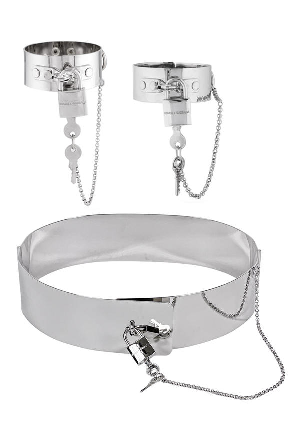 Dolce Gabbana Silver Metal Padlock Logo Belt and Set of 2 Bracelets Fall 2007