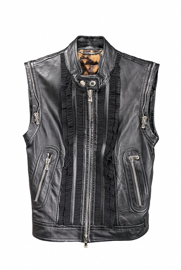 Dolce & Gabbana Black Leather Moto Vest with Ruffle Details SOLD