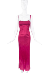 Dolce Gabbana Red Pink Satin Stretch Lace up Back Corset Build in Bra Gown Dress 2000's
