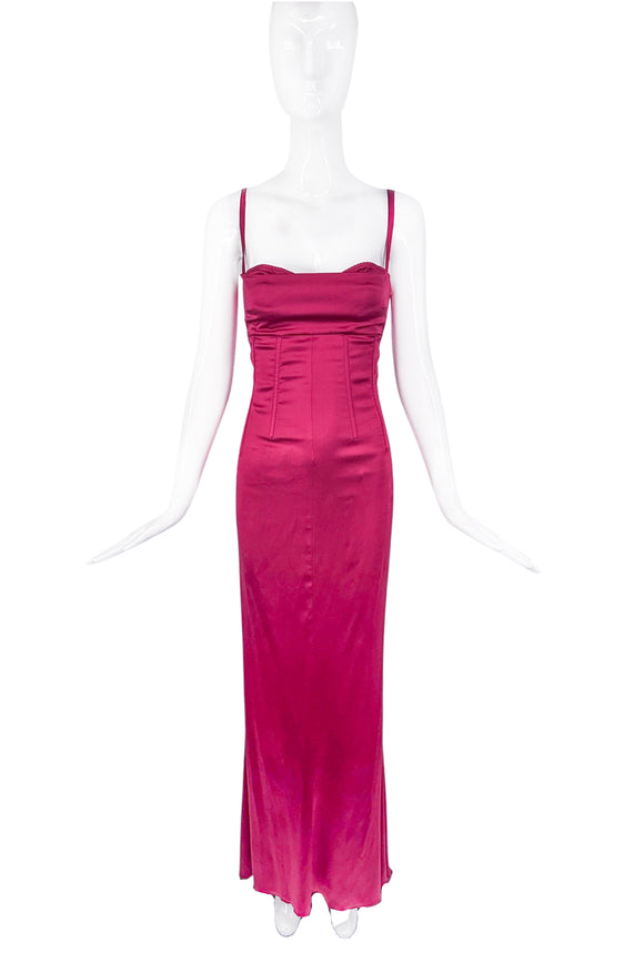 Dolce Gabbana Red Pink Satin Stretch Lace up Back Corset Build in Bra Gown Dress 2000's