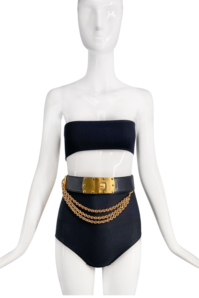 Donna Karan New York Black Leather Belt with Gold Buckle with Triple Chain FW1992