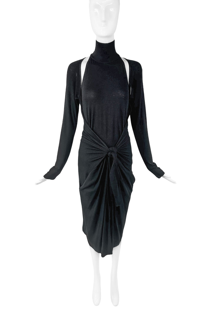 Donna Karan Black Turtleneck Cold Shoulder Cut Out Waist Drape Dress