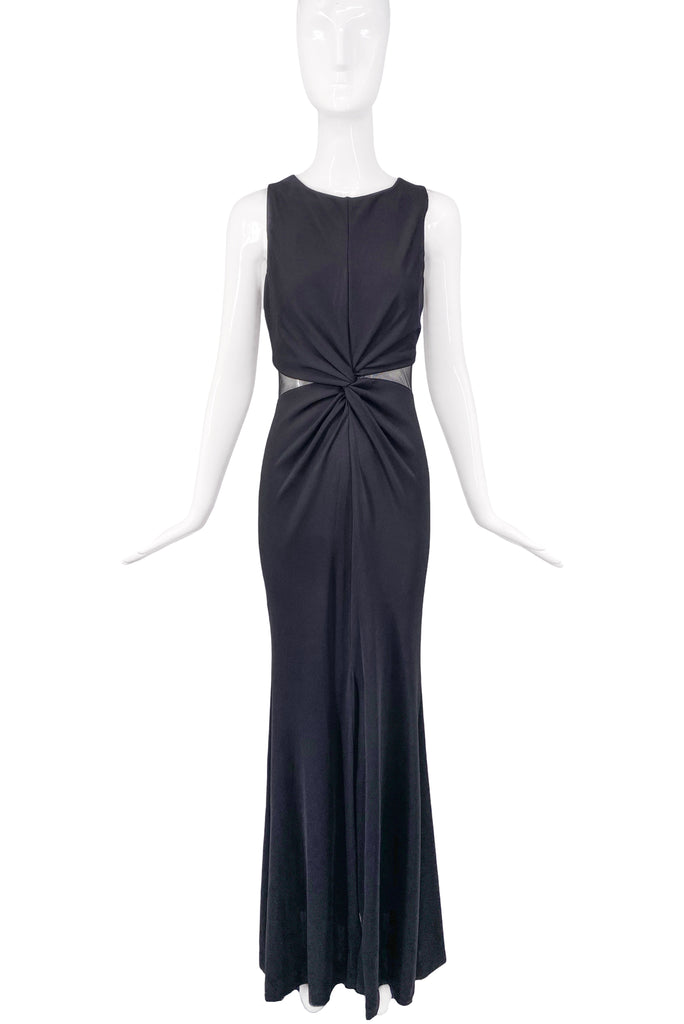 Donna Karan Black Fishnet Cut Out Front Knot Dress Gown