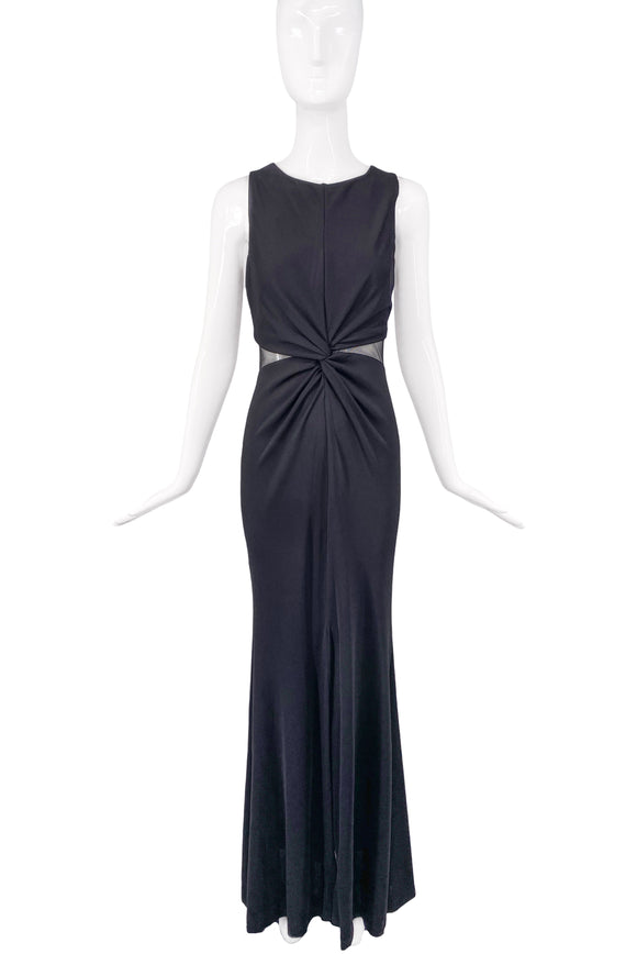 Donna Karan Black Fishnet Cut Out Front Knot Dress Gown