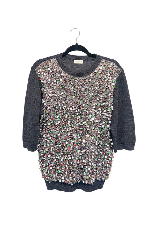 Dries Van Noten Grey Short Sleeve Sweater with Sequin and Bead Embellishment Detailing