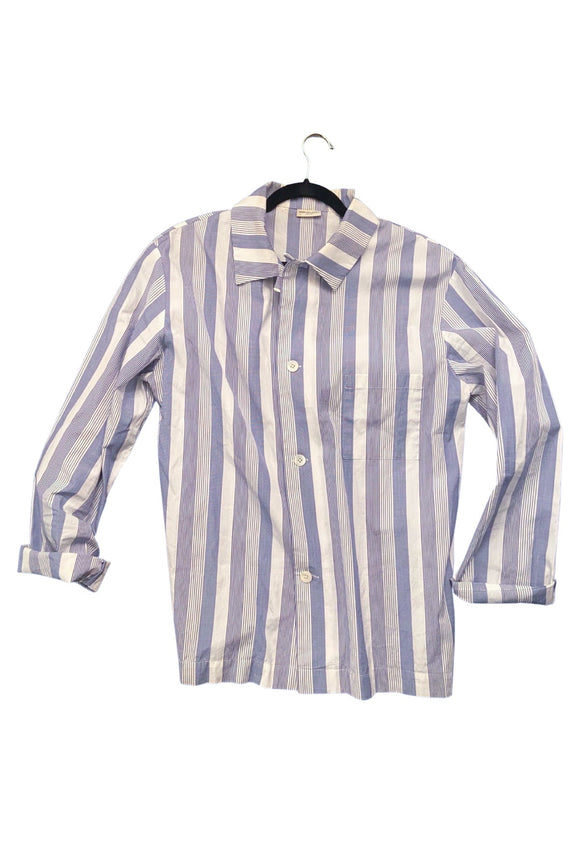 Dries Van Noten Blue and White Vertical Strip Relaxed Fit Button-Up Shirt