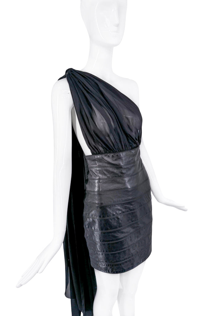 Dsquared2 Black Leather Skirt and Sheer Wrap Around Chiffon Top Dress