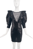 Dundas By Peter Dundas Black Sequin Bateau Ruffle Shoulder Sheer V Neck Net Mesh Dress