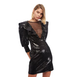 Dundas By Peter Dundas Black Sequin Bateau Ruffle Shoulder Sheer V Neck Net Mesh Dress