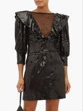 Dundas By Peter Dundas Black Sequin Bateau Ruffle Shoulder Sheer V Neck Net Mesh Dress
