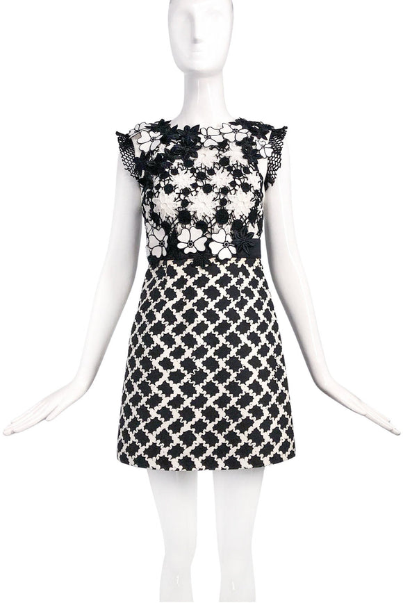 Emanuel Ungaro Black and White Floral and Graphic Print Mini Dress