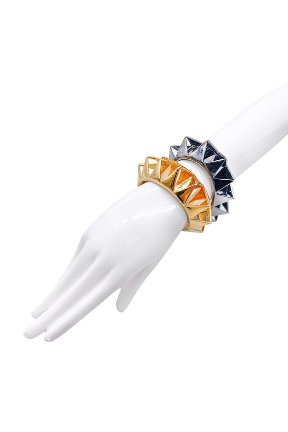 Eddie Borgo Gold & Gunmetal Silver Cut-Out Pyramid Smile Cuff Bracelet Pair