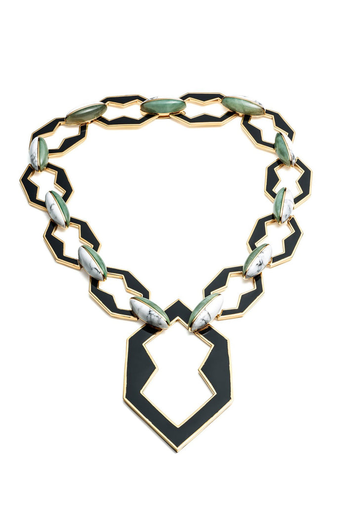 Eddie Borgo Massive Jade & Onyx & Howlite Peaked Link Pendant Egyptian Geometric Necklace