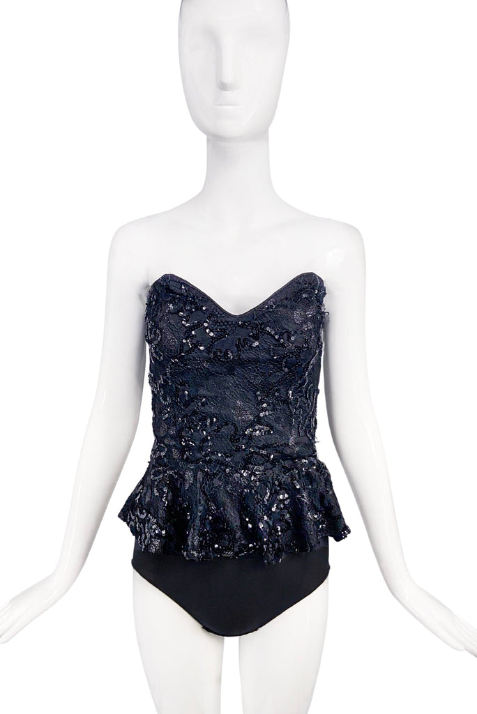 Emanuel Ungaro Black Lace Sequin Embroidered Corset 1992