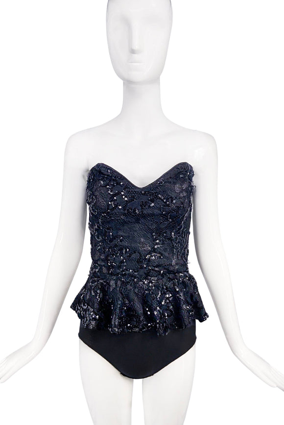 Emanuel Ungaro Black Lace Sequin Embroidered Corset 1992