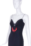 Emanuel Ungaro Black Chiffon Slip Dress Gown with Red Glass Beads