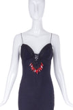 Emanuel Ungaro Black Chiffon Slip Dress Gown with Red Glass Beads