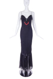 Emanuel Ungaro Black Chiffon Slip Dress Gown with Red Glass Beads