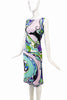 Emilio Pucci Multicolored Lavender Turquoise Blue Sleeveless High Neck Plunging Back Shift Dress