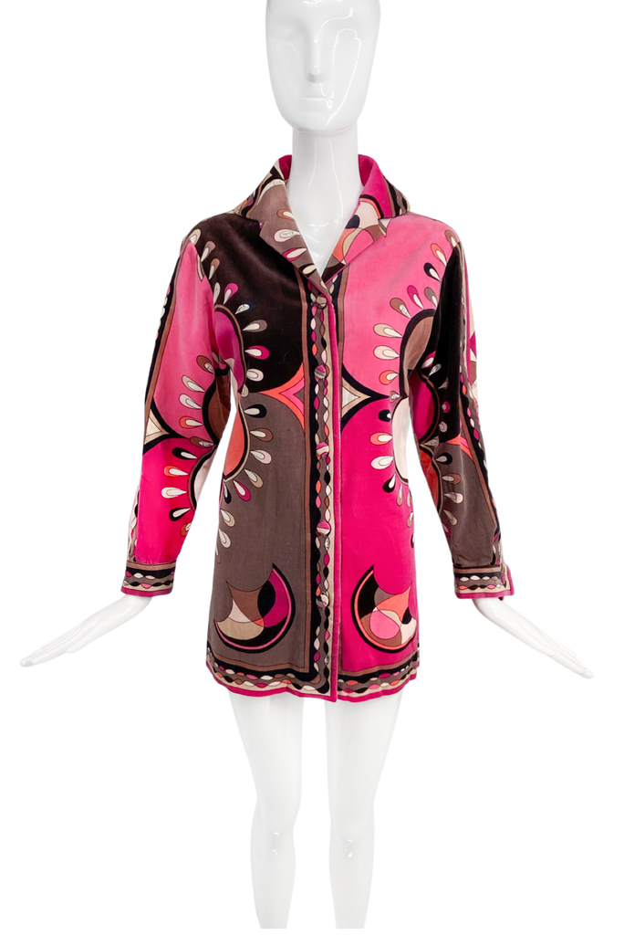 Emilio Pucci Pink Brown Moon Print Velvet Mini Shirt Dress