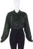 Escada Forest Green Silk Blouse with Black Leopard Zebra Animal Print - BOUTIQUE PURCHASE PRICE