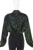 Escada Forest Green Silk Blouse with Black Leopard Zebra Animal Print - BOUTIQUE PURCHASE PRICE