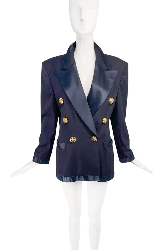 Escada Navy Officer Satin Blue Gold Star Button Suit Jacket Blazer