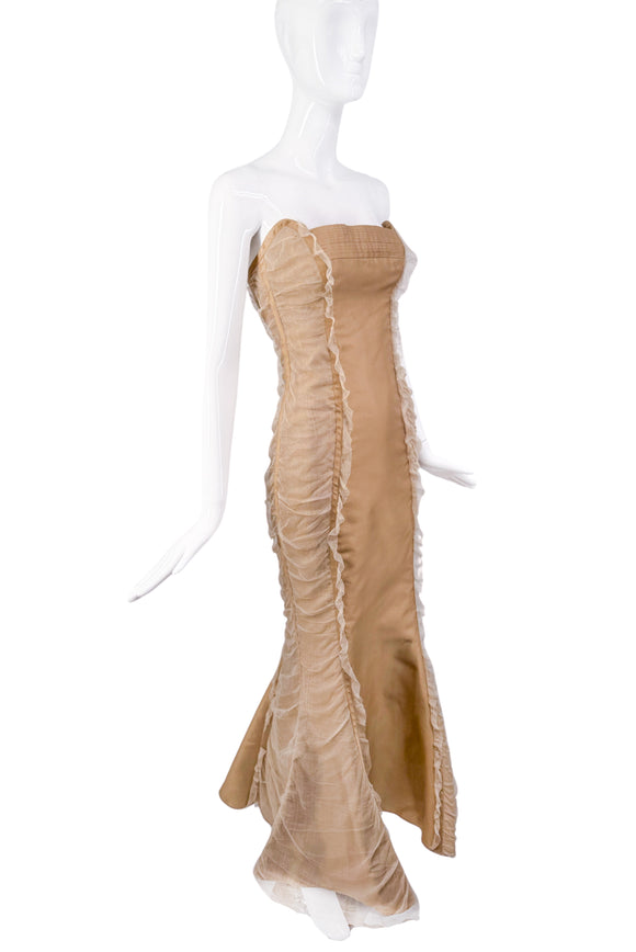 Esteban Cortazar Beige Fish Tail Raw Edged Tulle Hourglass Dress Gown