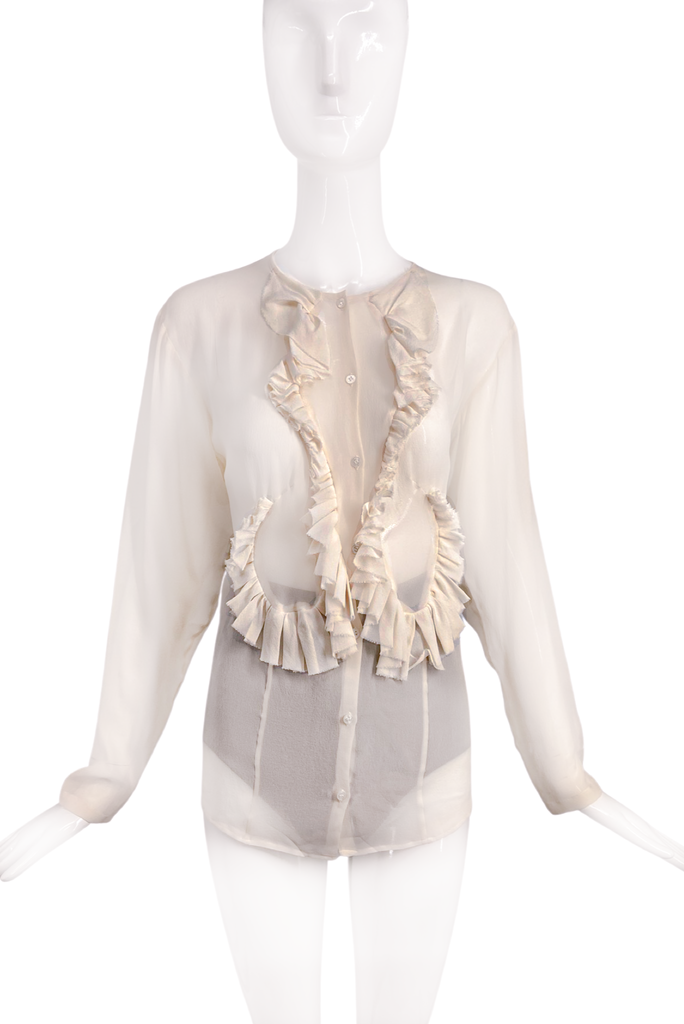 Francesco Scognamiglio Ivory Sheer Chiffon 'Swan' Ruffle Blouse Spring 2016