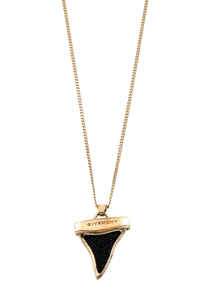 Givenchy Gold Black Crystal Shark Tooth Pendant Logo Long Chain Necklace