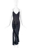 John Galliano Black Silk Bias Cut Slip Dress Floral Detail High Slit Gown