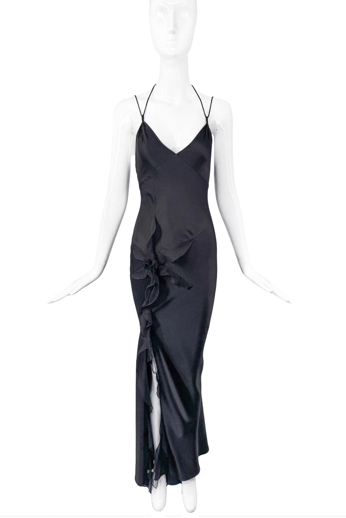John Galliano Black Silk Bias Cut Slip Dress Floral Detail High Slit Gown