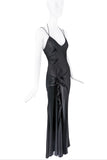 John Galliano Black Silk Bias Cut Slip Dress Floral Detail High Slit Gown