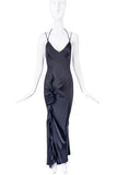 John Galliano Black Silk Bias Cut Slip Dress Floral Detail High Slit Gown