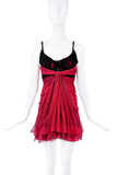 John Galliano Red Black Chiffon Polka Dot Ruche Mini Dress