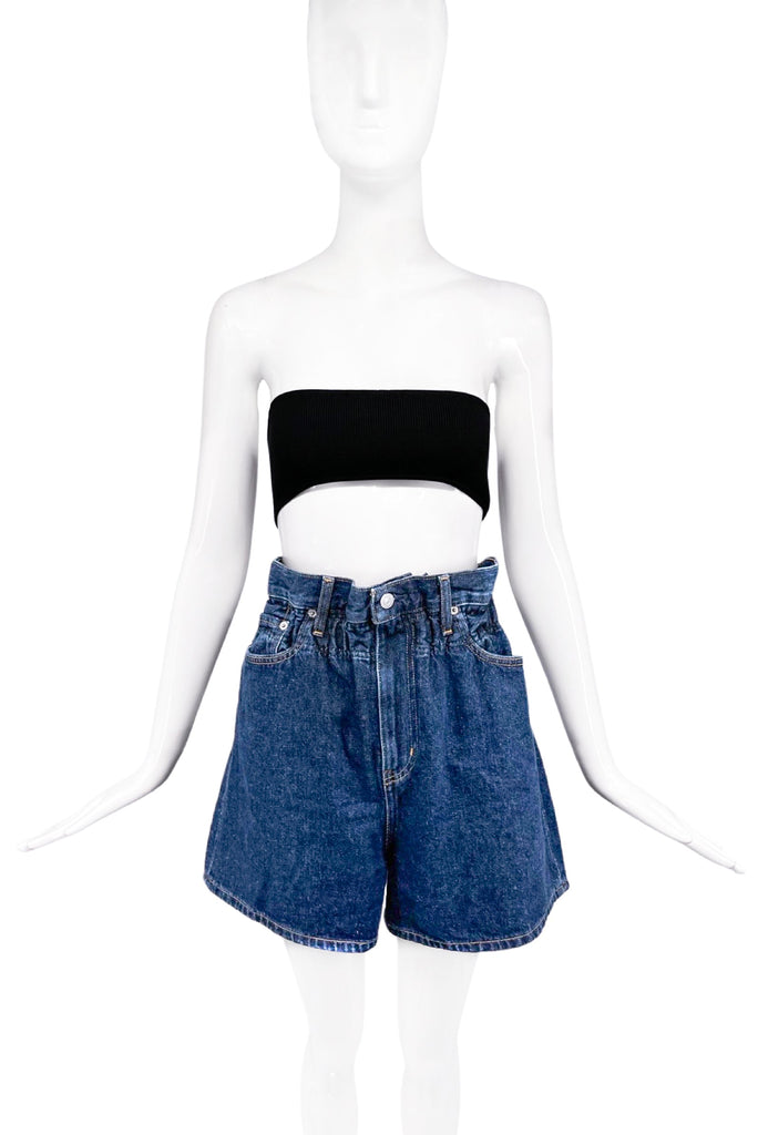 Ganni Dark Blue Denim Shorts with Ruffle Waistline