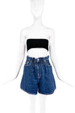 Ganni Dark Blue Denim Shorts with Ruffle Waistline