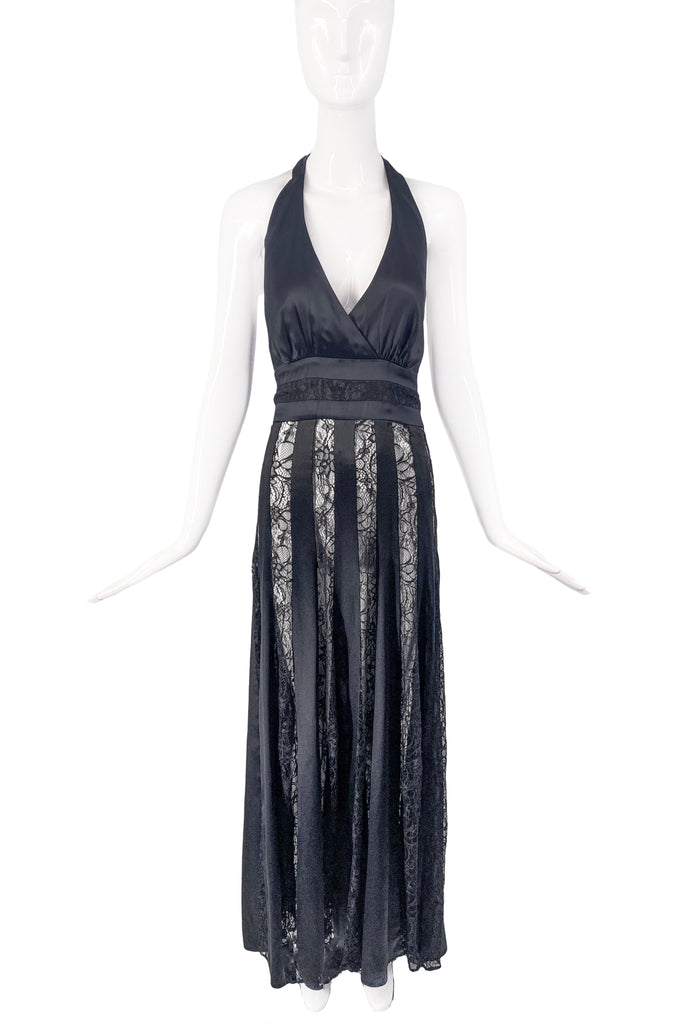 Jean Paul Gaultier Black Satin Lace Panel Halterneck Dress Gown