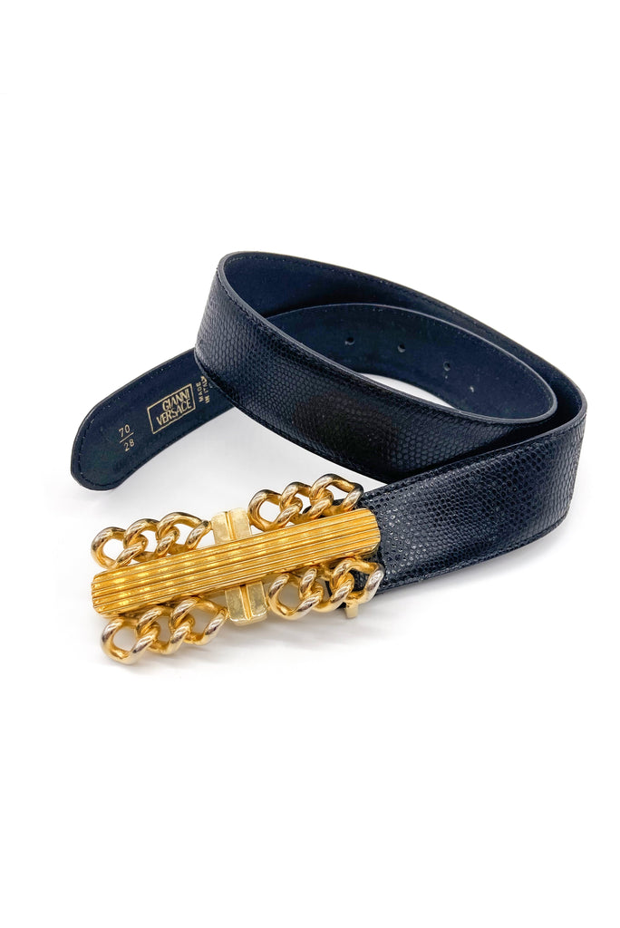 Gianni Versace Black Belt with Ornate Gold Buckle