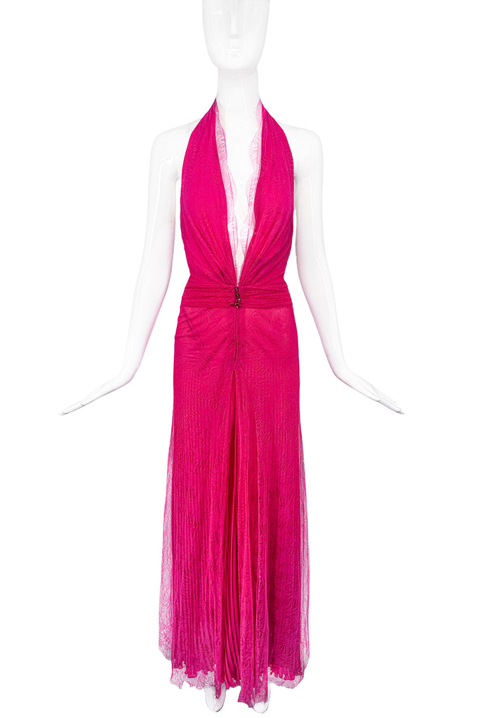 Versace Pink Lace Deep V Halter Neck Dress Gown 90's