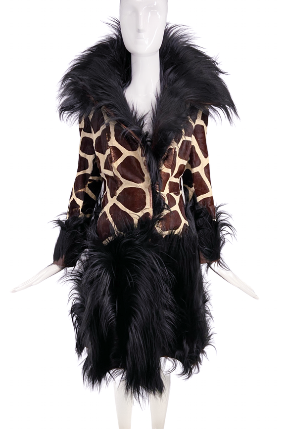 Vintage Giraffe Print Black Fur Coat