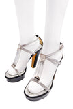 Giuseppe Zanotti Black Patent Silver Metallic Leather Platform Strappy Sandals with Clear Prism Crystal