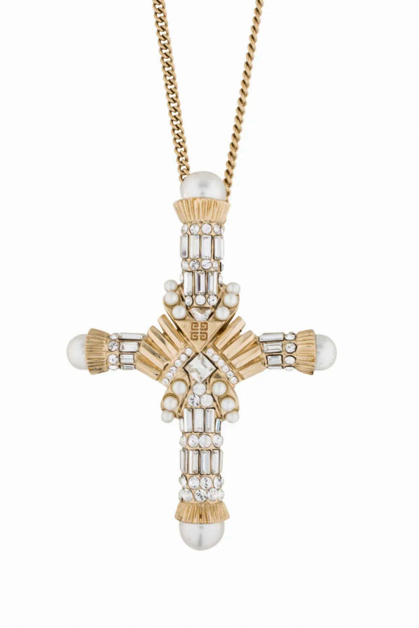 Givenchy Gold Diamond and Pearl Logo Cross Necklace