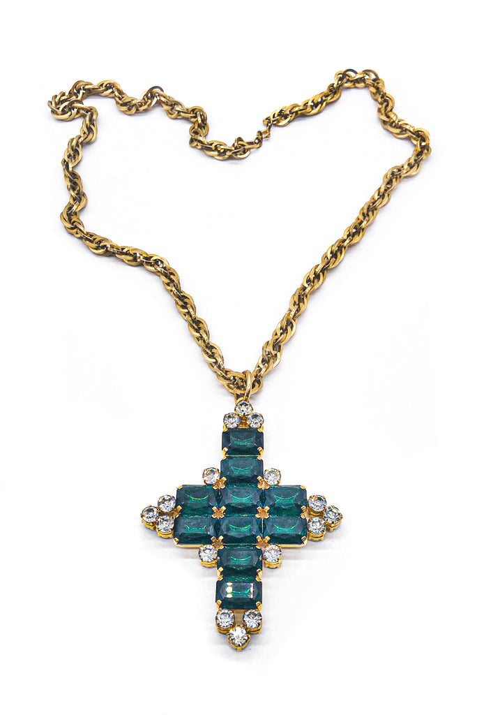 Vintage Emerald Green Reversible Massive Gold and Diamond Cross Necklace