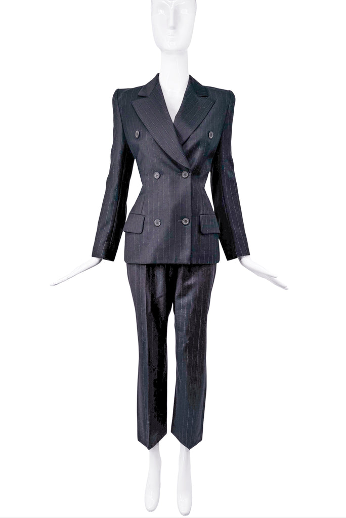 Givenchy by Alexander McQueen Black Gold Lurex Striped Power Shoulder Suit Runway Fall 1997