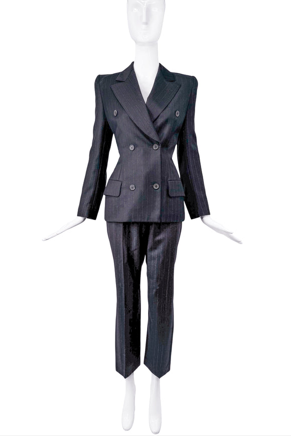Givenchy by Alexander McQueen Black Gold Lurex Striped Power Shoulder Suit Runway Fall 1997